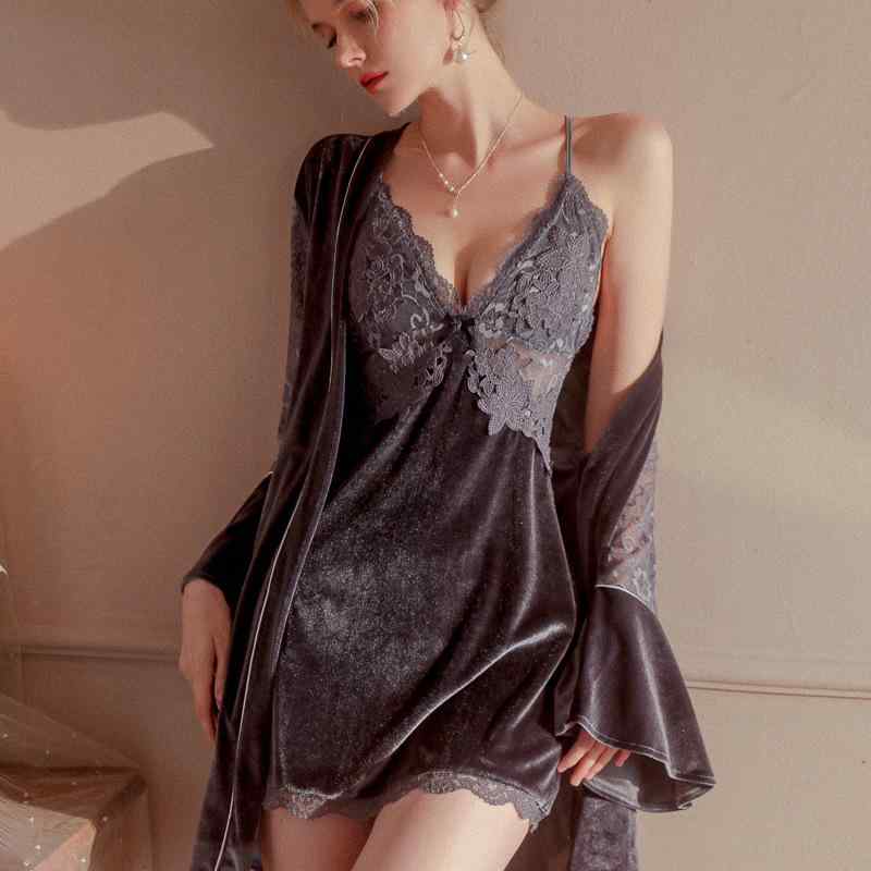 パジャマ レディース 冬用 丝绒（シルクベルベット） キャミソール ネグリジェ 2点セット 厚手 Vネック 無地 あったか 部屋着 ルームウェア 寝巻き ブラック グレー ホワイト ワインレッド ブルー