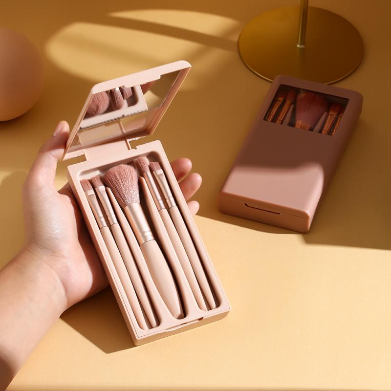 メイクブラシ セット レディース 初心者向け 携帯用 収納ケース付き フェイスブラシ チークブラシ アイシャドウブラシ やわらかい 5本セット ミラー付き
