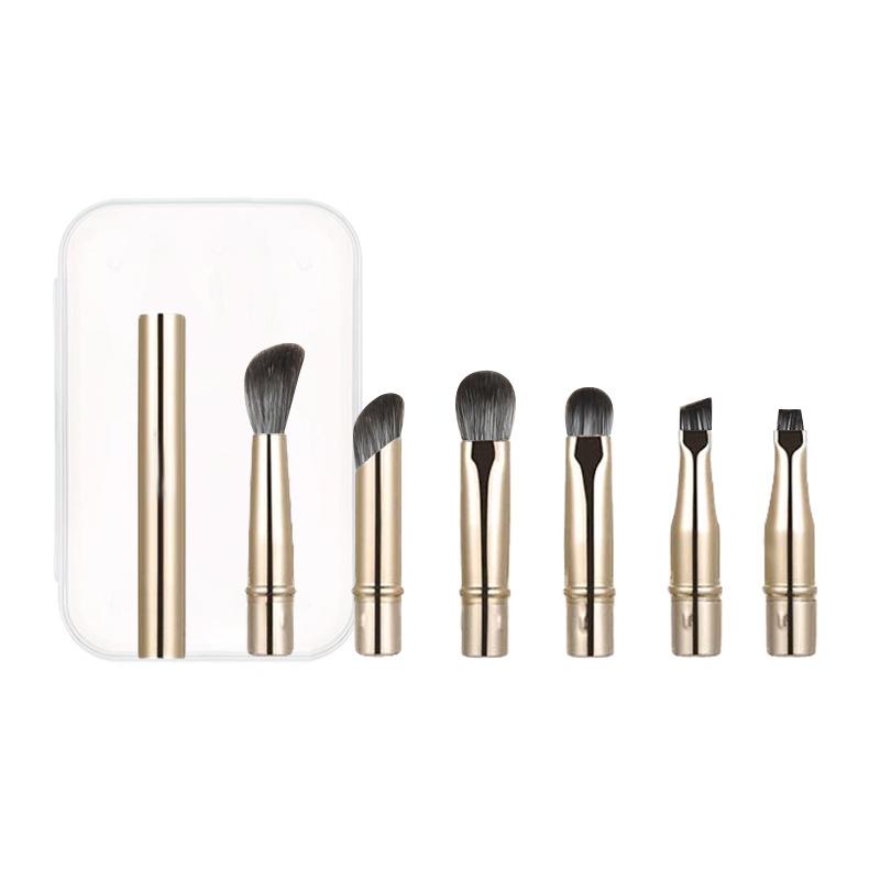 メイクブラシ レディース 携帯用 交換可能ブラシ ヘッド ポケットブラシ 鼻影ブラシ コンシーラーブラシ アイシャドウブラシ 旅行 メイクブラシ 6本セット 収納ケース付き ブラック系 ゴールド系