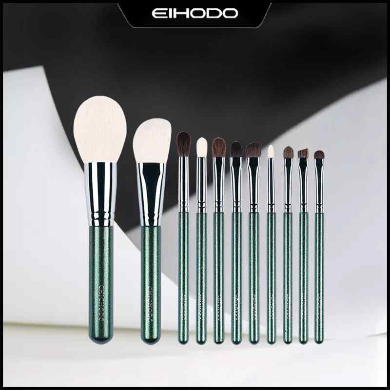 メイクブラシ 11本セット 獣毛風 人工毛 フェイスブラシ チークブラシ アイシャドウブラシ ディテールブラシ 緑系