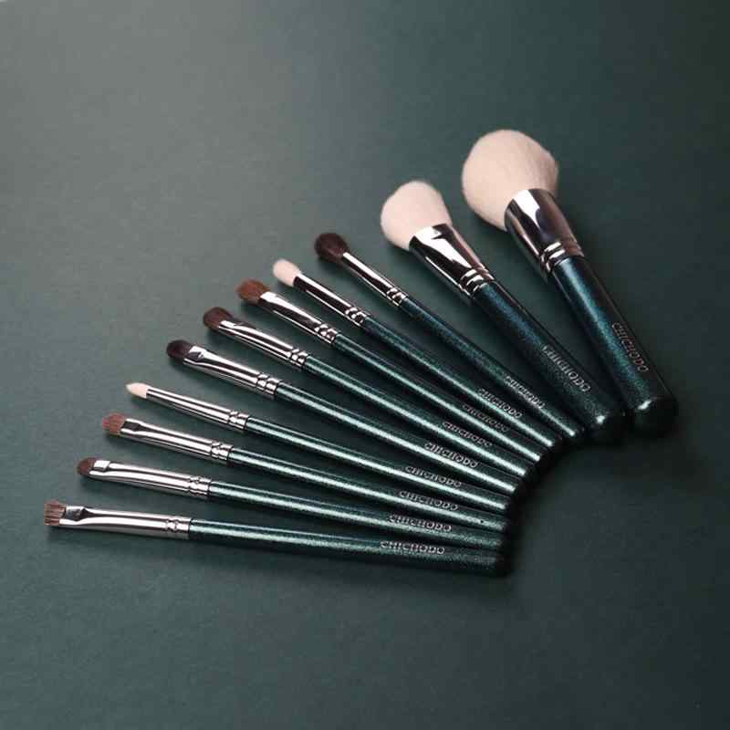 メイクブラシ セット レディース 羊毛 人工繊維 動物毛 パウダーブラシ ファンデーションブラシ 緑色 グリーン 長杆 木製 メイクアップブラシ