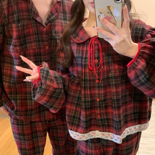 パジャマ レディース 秋冬 厚手 磨毛 綿麻 部屋着 ルームウェア 上下セット クリスマス 赤 襟付き かわいい ゆったり