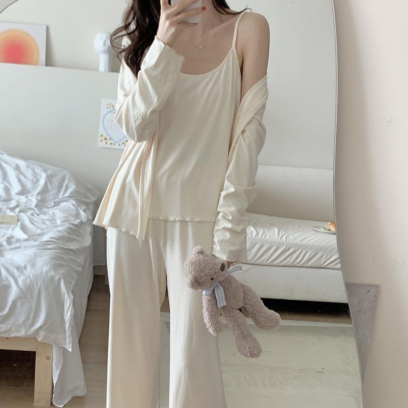 パジャマ レディース 秋冬 綿 長袖 キャミソール ロングパンツ 3点セット 部屋着 ルームウェア 寝巻き ..