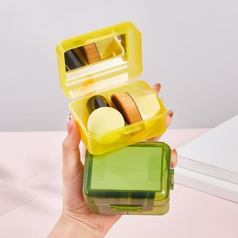 メイクアップスポンジ パフ 鏡付き 超 мягкий ファンデーションブラシ 収納ケース付き パープル イエロー グリーン ピンク