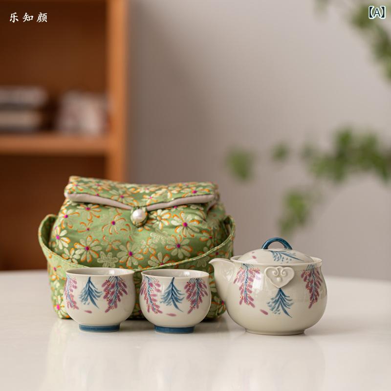 茶器セット レディース 女性用 手描き 紫藤 陶器 ティーセット 功夫茶 携帯用 旅行用 収納 家庭用 急須 湯呑み 2客 ミニ 煎茶道具