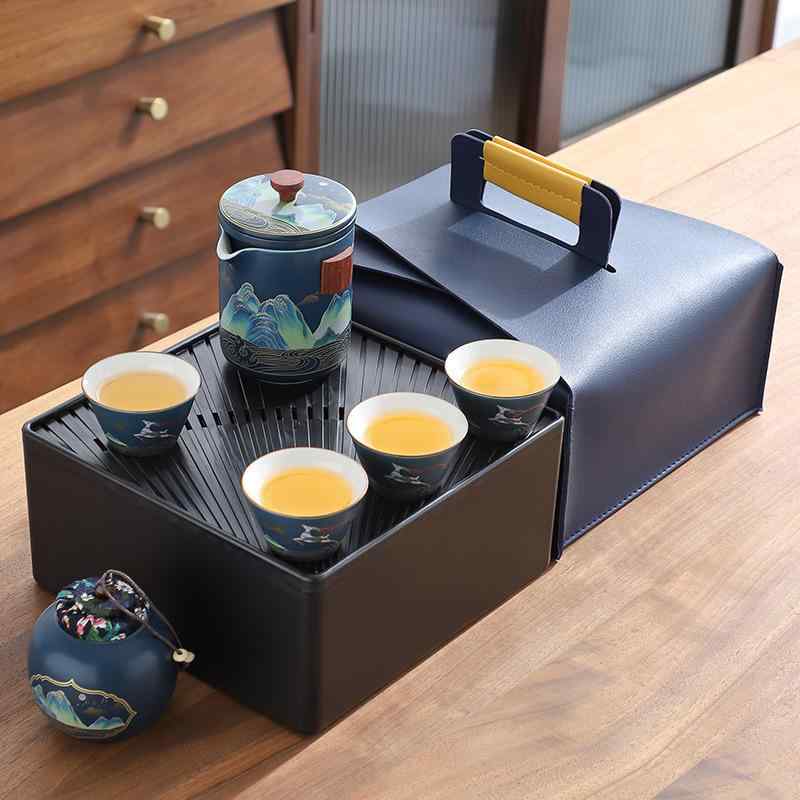 茶器 携帯型 陶瓷 茶壶 快客杯 功夫茶具 4点セット 煎茶道具 आउटडोर 出張 旅行 普段使い