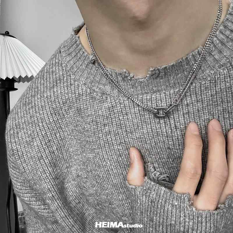 ネックレス メンズ 男性用 ステンレス製 ダブル レイヤード チェーン トレンド シンプル スタイリッシュ ボーイフレンドスタイル