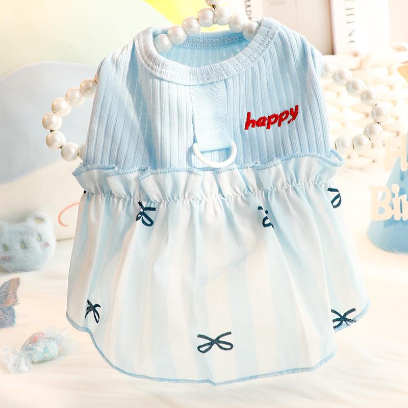 ドッグウェア 春夏 猫 小型犬用 ワンピース スカート かわいい 通気性 牽引可能 ブルー ピンク