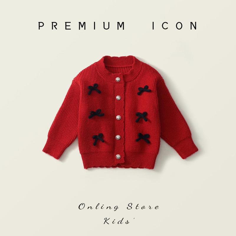 ニットカーディガン キッズ 女の子 韓国風 赤色 長袖 蝶結び 秋冬 子供服 トップス