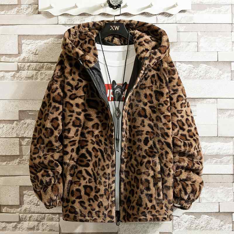 Coat - ジャケット 男性用 ヒョウ柄 ボアブルゾン 韓国風 厚手 フード付き ポリエステル 冬 アウター ジャンパー S M L XL 2XL 3XL 4XL グレー ダーク ライト