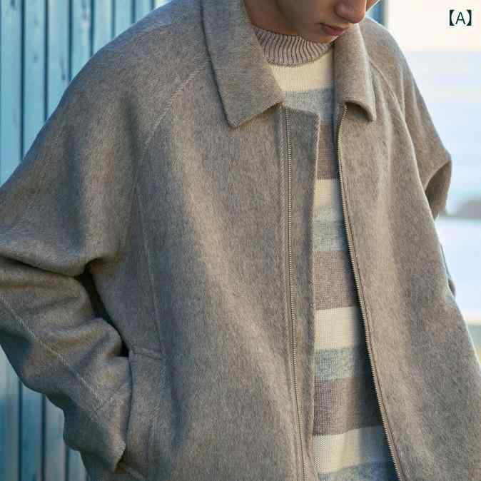 ジャケット メンズ 男性用 ウール ショート ブルゾン 秋冬 暖かい ゆったり リラックス オーバーサイズ ラペル 襟付き アウター ポケット付き カジュアル 無地 オートミール 麻グレー チャコール ミックス ベージュ