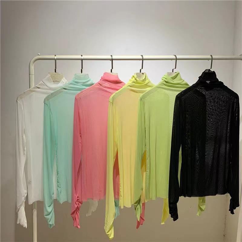 レディース トップス ガールズグループ風 キャンディカラー 透視レース タートルネック 長袖 インナー スリム ピンク系 軽量 レース素材 普段使い かわいい ...