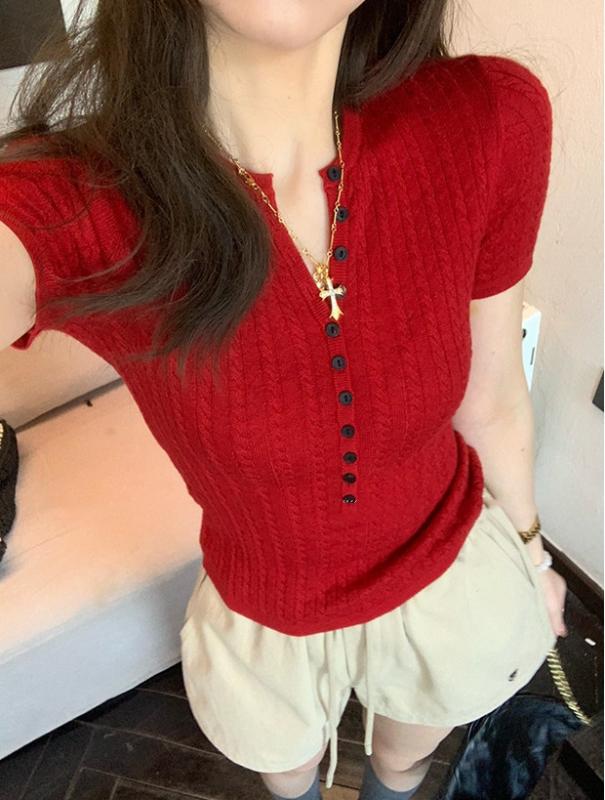 ニット レディース 半袖 サマーニット Vネック 赤色 トップス プルオーバー カットソー タイト スリムフィット 無地 薄手 ニットソー カジュアル きれいめ かわいい 韓国ファッション