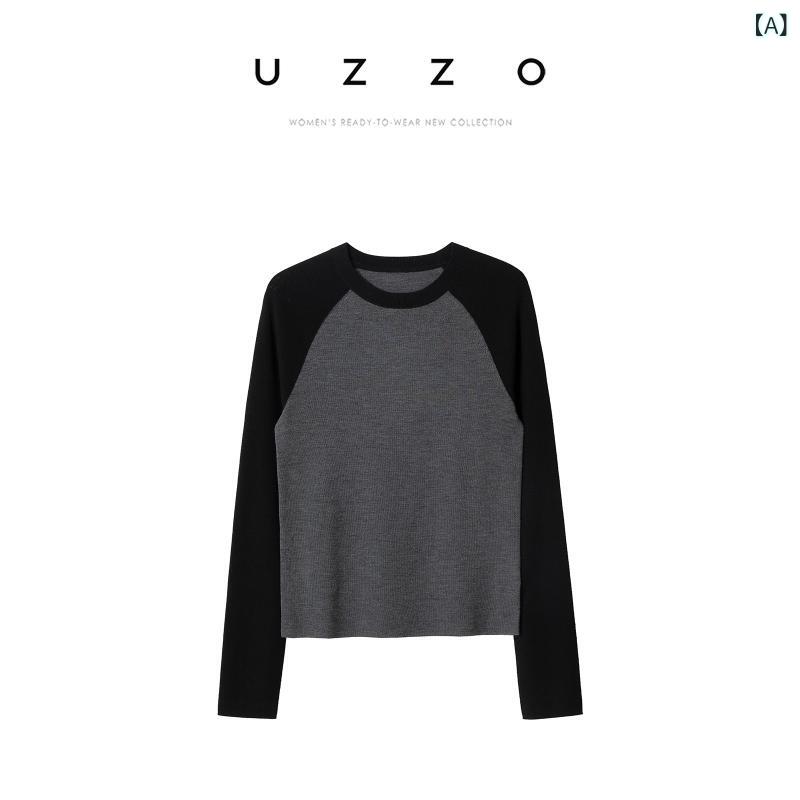 ニット レディース 高級メリノウール ブロックカラー 長袖トップス ラウンドネック プルオーバー 薄手 セーター 普段使い 通勤 エレガント 上品 グレー系