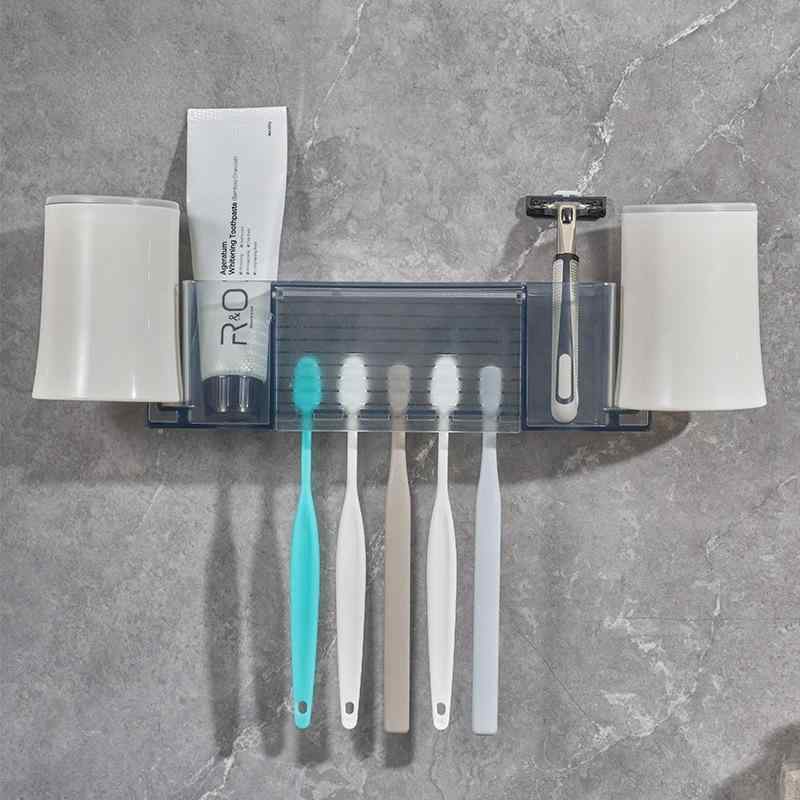 歯ブラシスタンド 壁掛け式 歯ブラシ 歯磨き粉 収納ラック プラスチック製 コップ付き ホワイト グレー