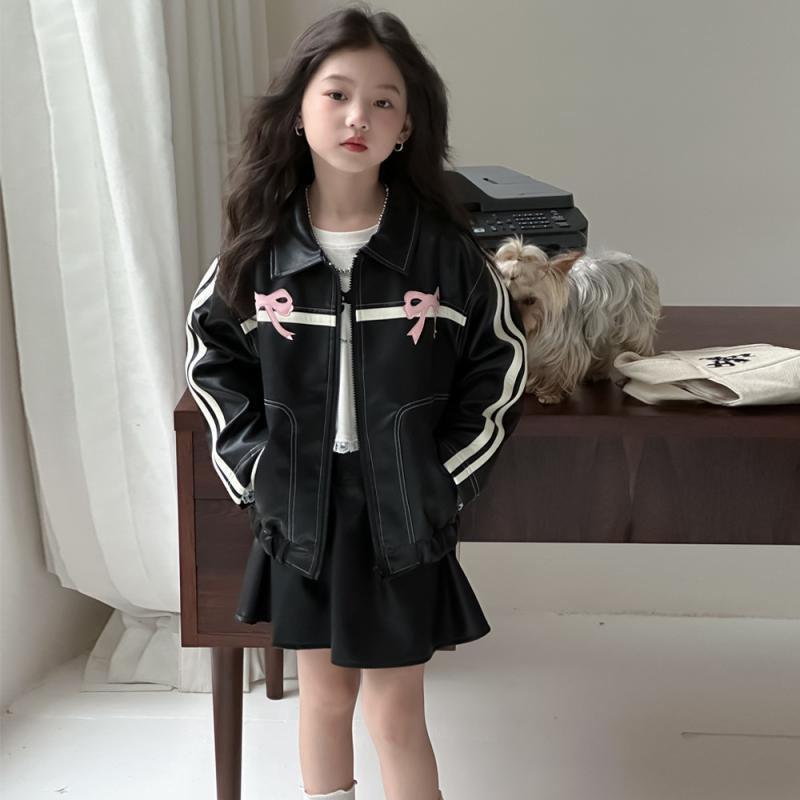 楽天シャドーテール子供用セットアップ 女の子 PUレザー ジャケット ミニスカート 2点セット 襟付き 長袖 個性派 ブラック 90cm 100cm 110cm 120cm 130cm 140cm 150cm