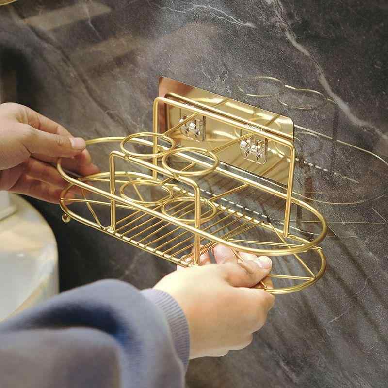 歯ブラシホルダー 壁掛け式 歯ブラシスタンド コップ 化粧品 収納ラック 浴室 洗面所 ゴールドカラー