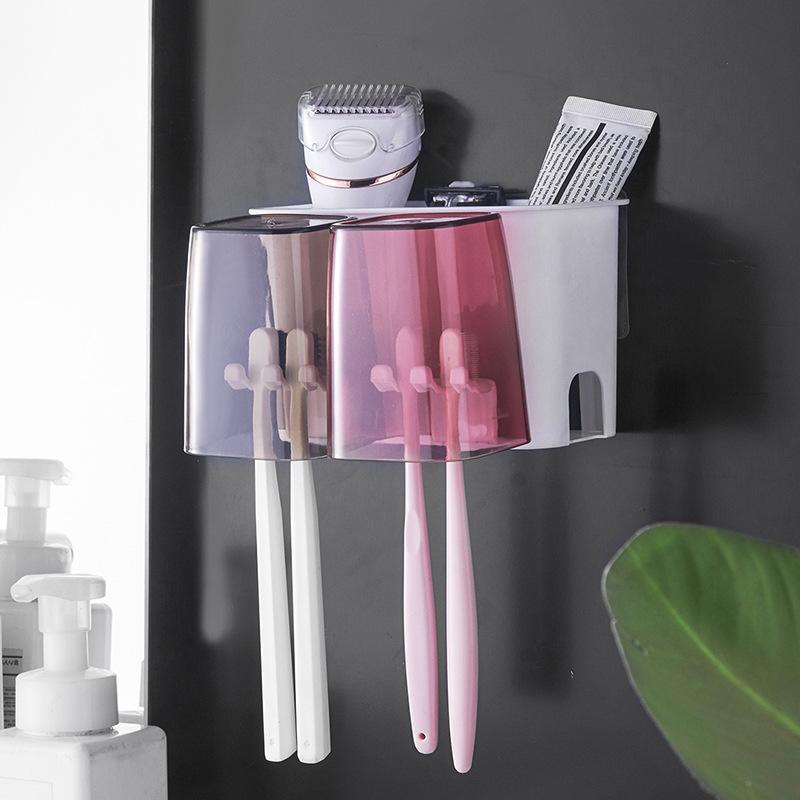 歯ブラシスタンド 歯ブラシホルダー コップ付き 壁掛け式 穴あけ不要 洗面所 収納 2個 3個 4個 プラスチック製 カラフル