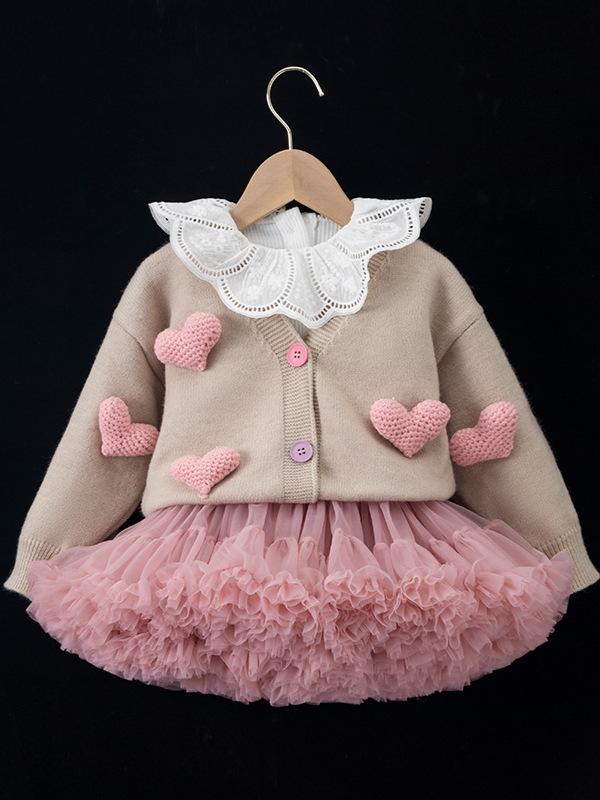 子供服 女の子 長袖カーディガン 春秋 ニット セーター 愛らしいハート柄 Vネック 燕麦色 ブルー オー..