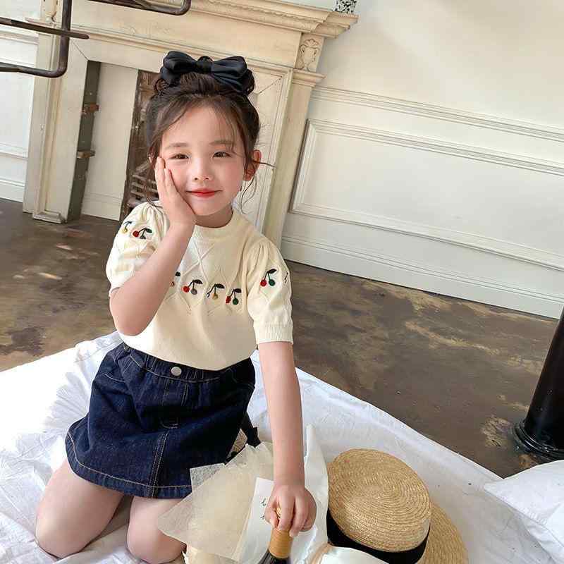 ニット 女児 女の子 子供 キッズ 半袖 トップス さくらんぼ 刺繡 コットン Tシャツ カットソー 杏色 春夏