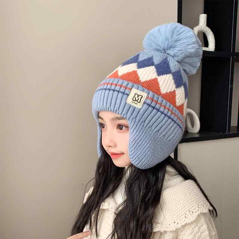 Other - ニット帽 キッズ 子供用 防寒 帽子 秋冬 菱形 格子柄 かわいい 耳当て付き ウール混紡 3歳 4歳 5歳 6歳 7歳 8歳 9歳 10歳 ベージュ スカイブルー イエロー ネイビー ブラック カーキ