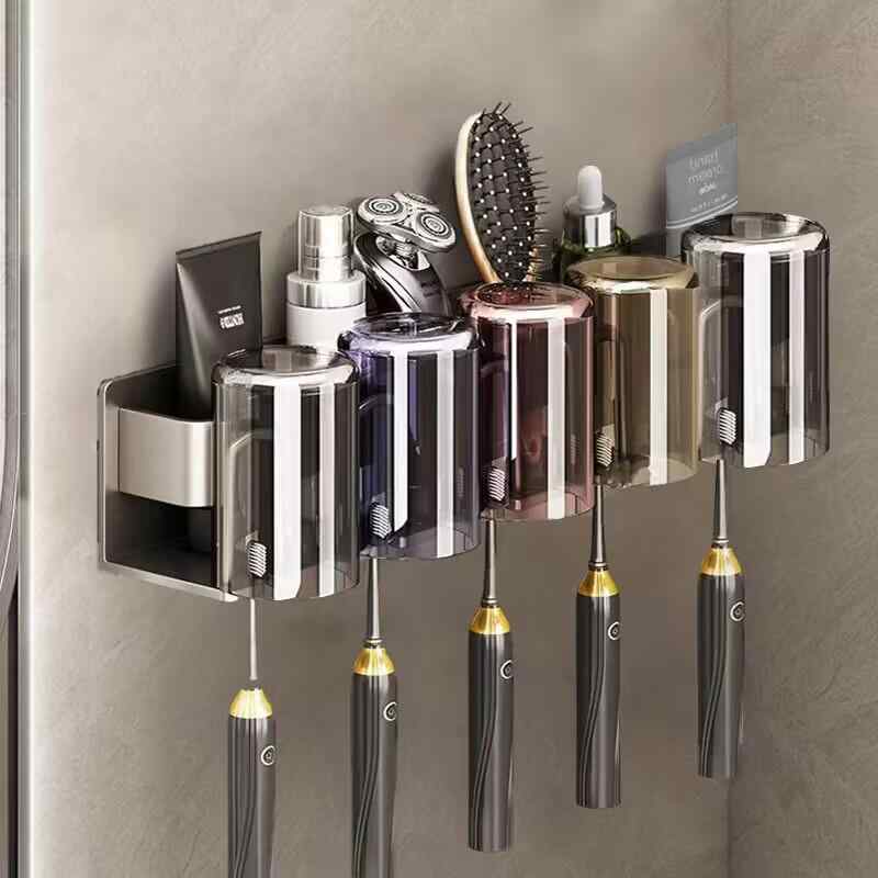 歯ブラシスタンド 壁掛け式 コップホルダー 칫솔걸이 水回り用品 スペースアルミ 収納ラック 칫솔살균기 グレー系