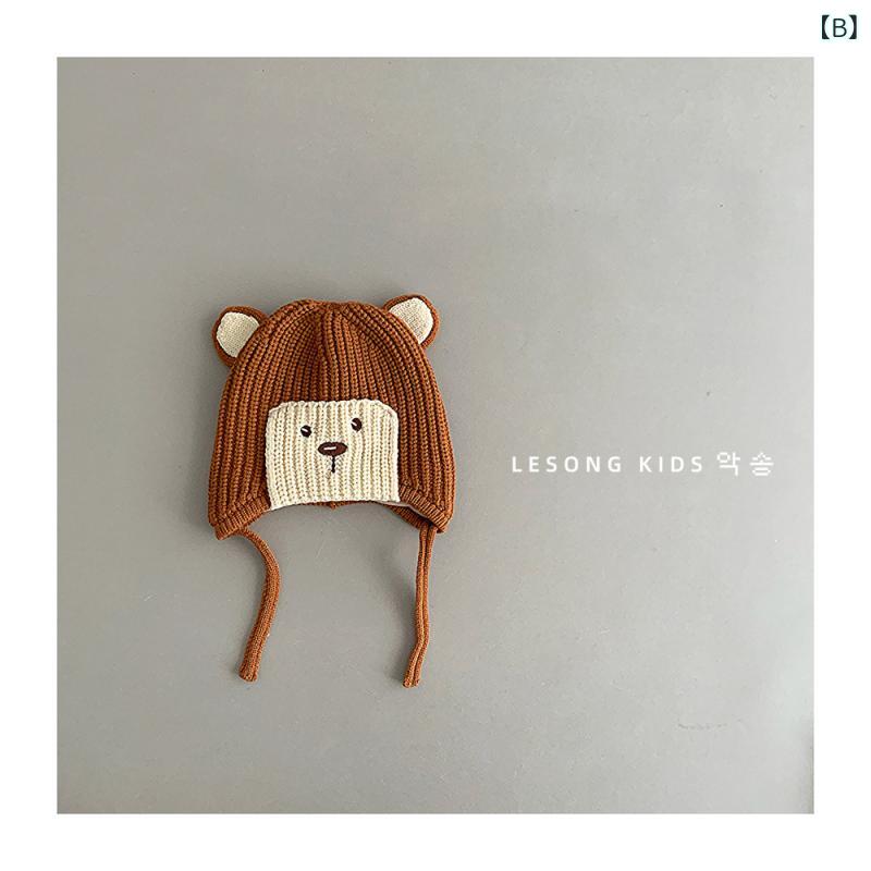 ベビー ニット帽子 秋冬 耳当て付き かわいい クマ 熊 あったか 保温 防風 男の子 女の子 韓国風 1歳 2歳 コットン