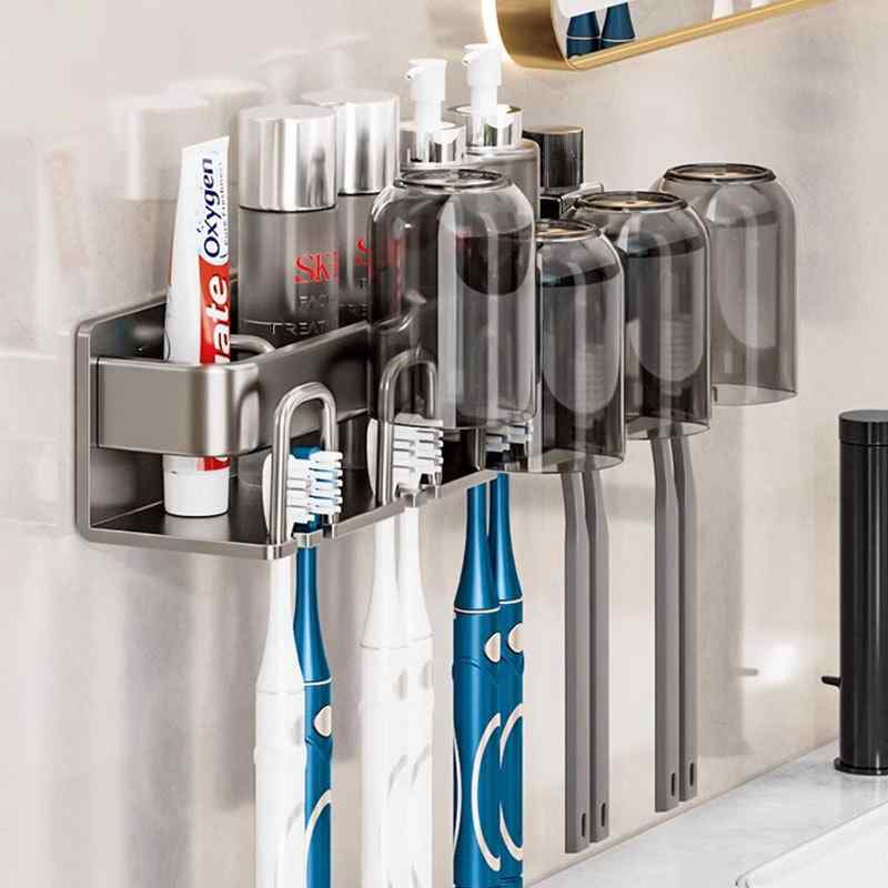 歯ブラシスタンド 浴室 洗面所 壁掛け式 歯磨きコップホルダー 電動歯ブラシ収納 칫솔살균기 グレー系 2人 3人 4人 5人 6人 収納ラック 省スペース