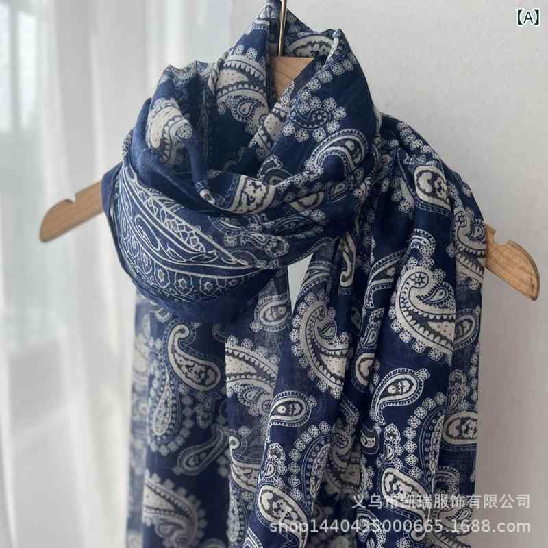 ストール レディース 秋冬 薄手 コットン リネン カシュ―柄 プリント エスニック調 レトロ ショール 180cm 紺色 春