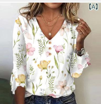 Tシャツ レディース Vネック 七分袖 ゆったり チュニック丈 デジタルプリント ポリエステル 普段使い 快適 欧美風 スタイル