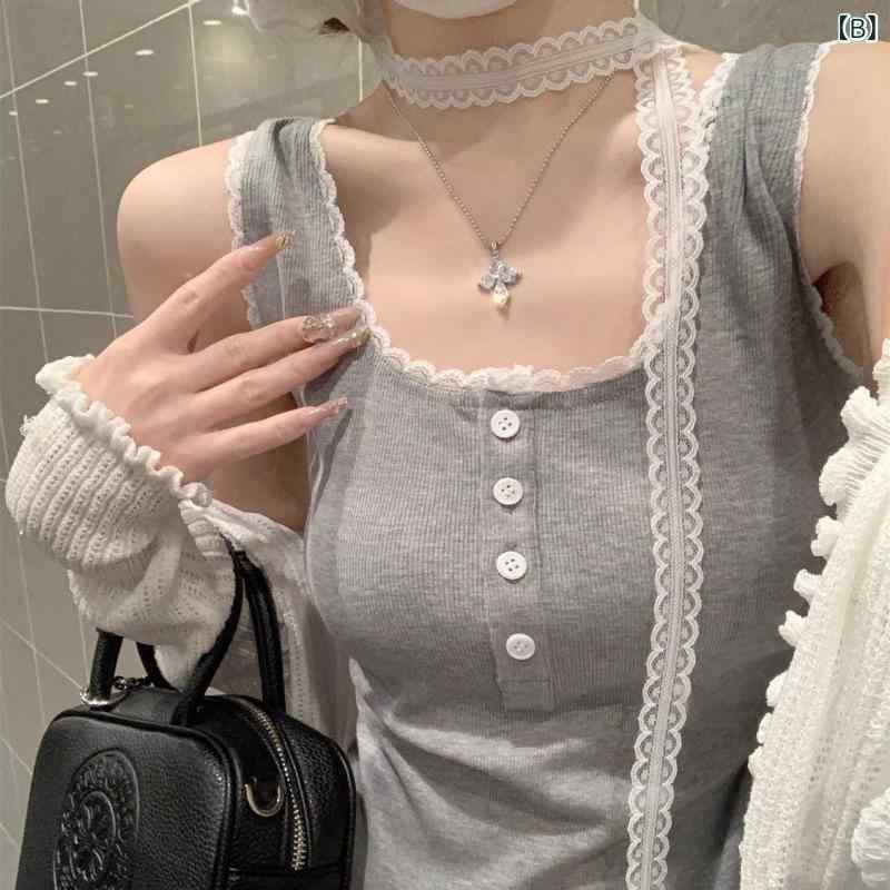 タンクトップ レディース 春夏 スクエアネック レース コットン トップス ノースリーブ インナー スリムフィット 白 ホワイト グレー 通勤 オフィス カジュアル 高弾性