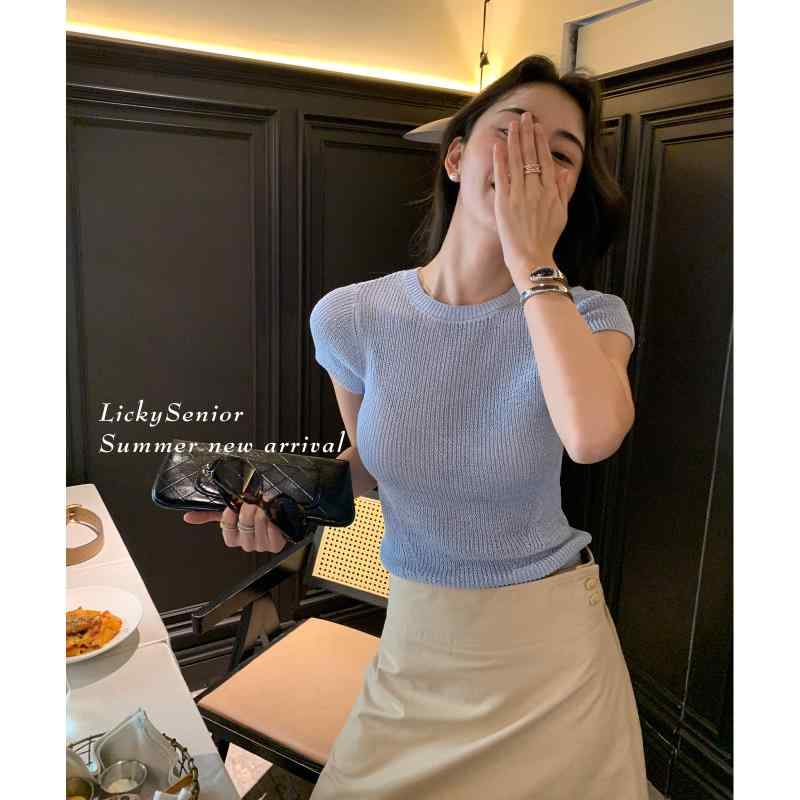Tシャツ レディース 和紙 亜麻 リネン混紡 ニット トップス 半袖 POLO襟 無地 ブルー パープル グレー ベージュ 修身型 スリムフィット 日韓スタイル カジュアル