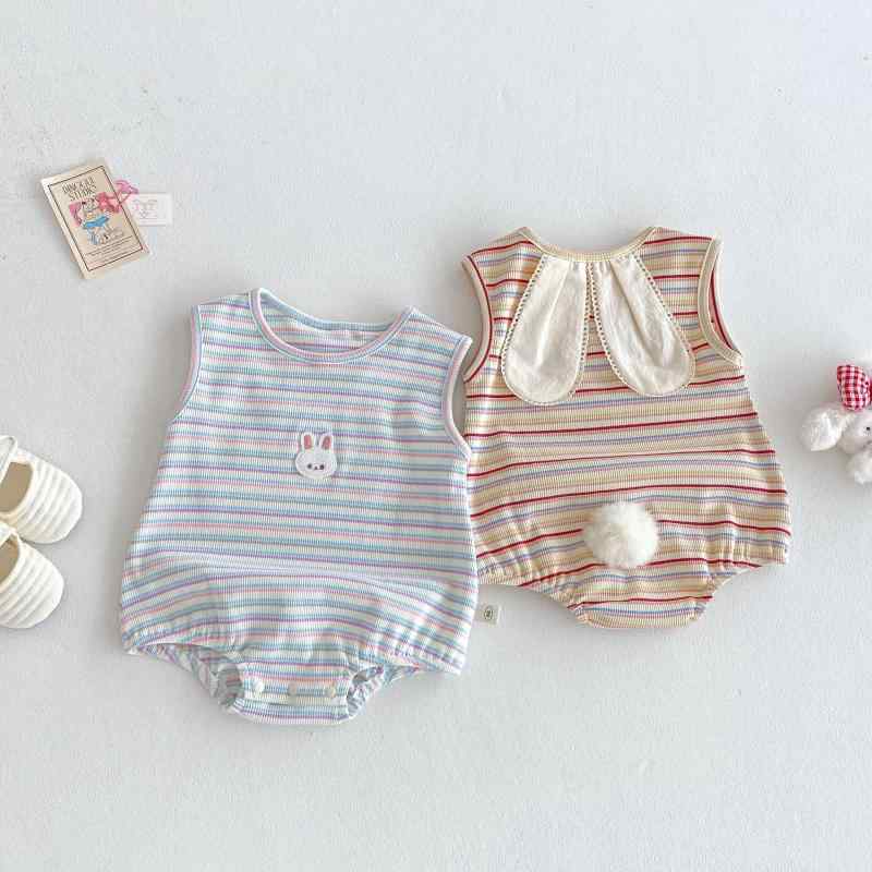 ロンパース ベビー 女の子 新生児 半袖 コットン ストライプ柄 韓国風 かわいい 夏物 普段着 外出着 66 73 80 90