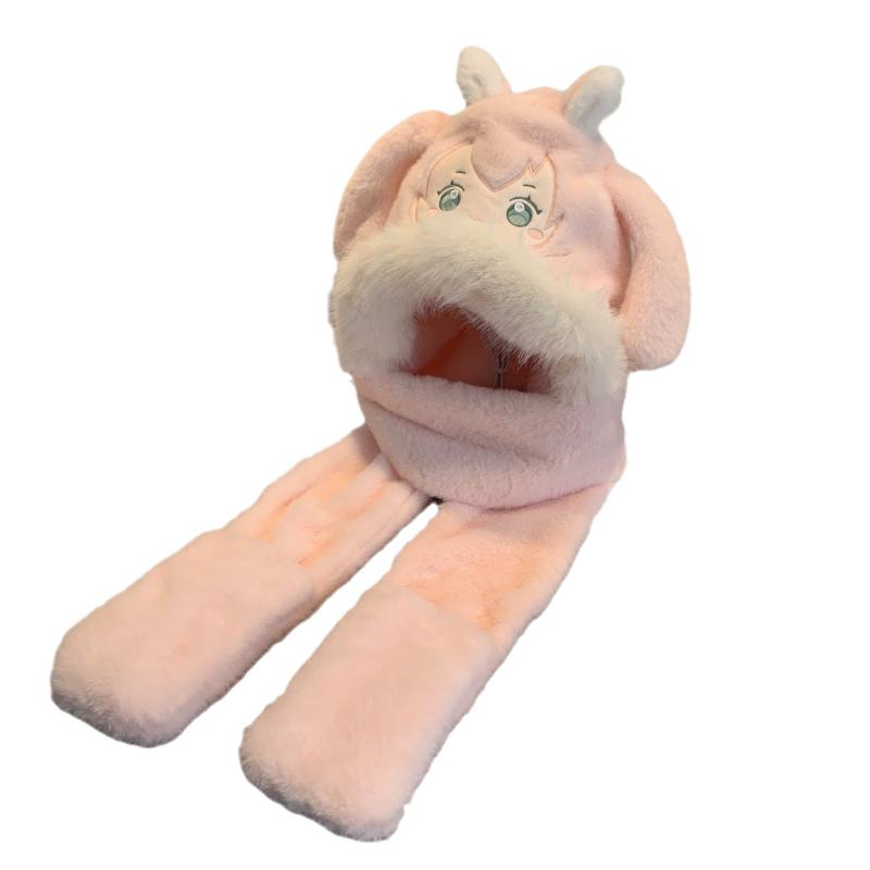 帽子 キッズ 女の子 ニット帽 ネックウォーマー 一体型 かわいい 動物柄 裏起毛 防寒 あったか 伸縮性 パープル ピンク グリーン ブルー 秋冬