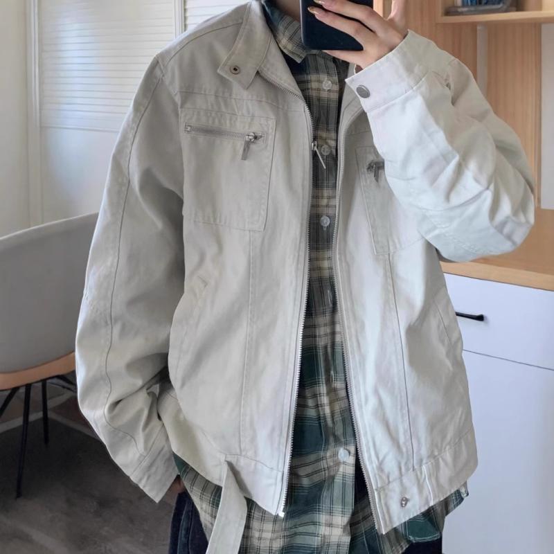 Other - ジャケット メンズ 男性用 春物 アウター ブルゾン ワークジャケット 野球服 スタジャン 配色 切り替え 襟付き 長袖 サイドポケット付き ポリエステル スポーティー カジュアル ストリート ホワイト