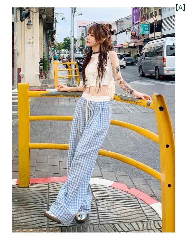 Capri Pants - レディース ワイドパンツ 春夏 薄手 高腰 ストレート チェック柄 綿 ポリエステル 混合 切り替え 垂感 韓国風 デイリー 軽量 ロング ゆったり シルエット 藍 ピンク 黒白 浅藍 黄