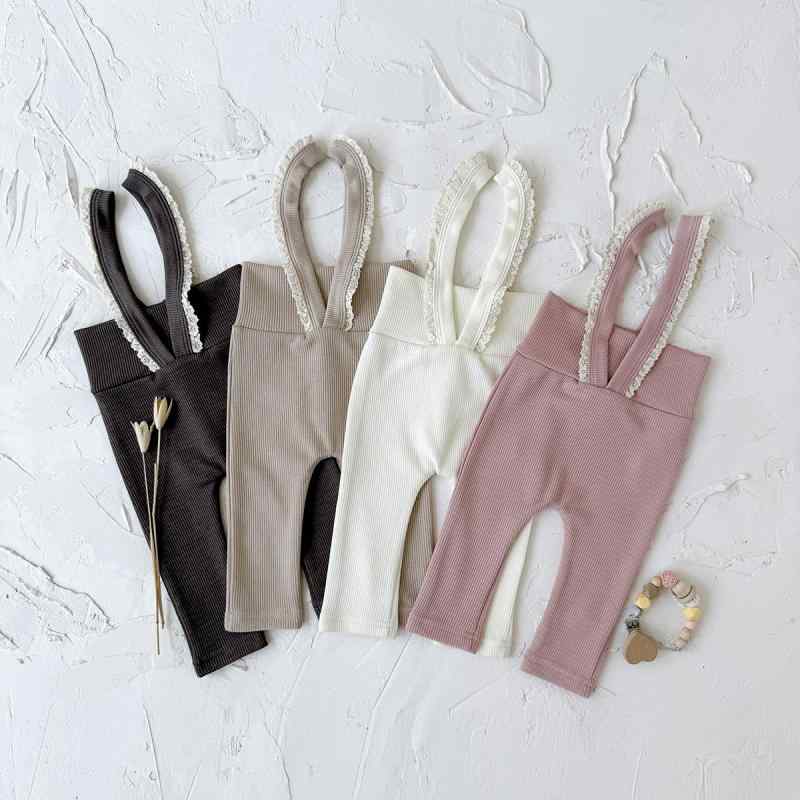 ベビー キッズ ズボン パンツ 柔らか ニット 高腰 レース 花柄 春秋 白 オフホワイト ピンク コーヒー ..