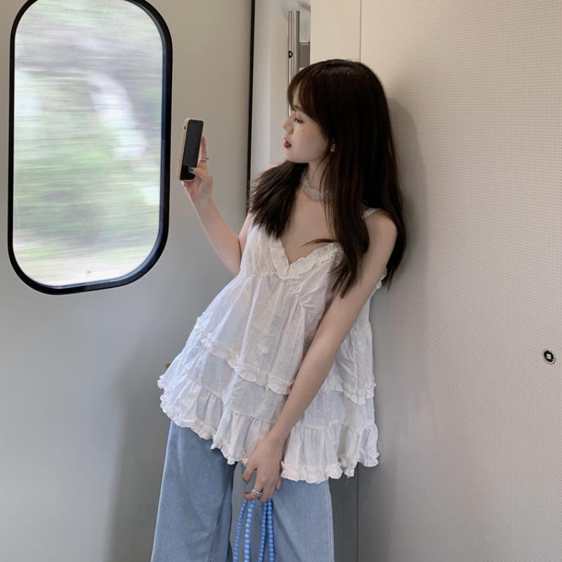 キャミソール レディース 小柄 春夏 トップス ゆったり かわいい 白 木耳フリル