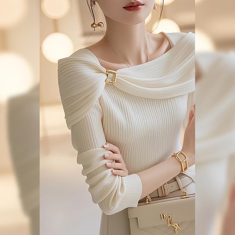 ニット レディース 一文字肩 ショール風 トップス 秋冬 長袖 薄手 無地 アクリル混紡 M L XL 2XL