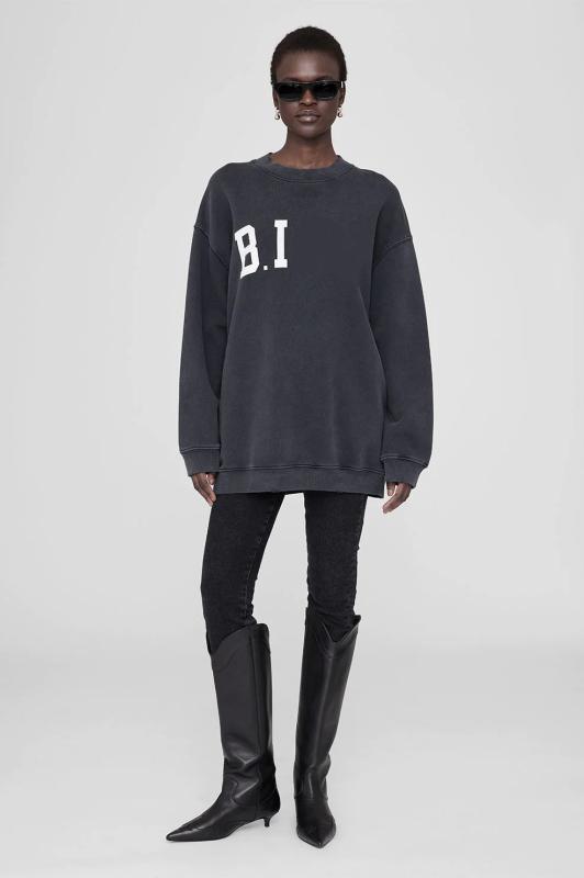 レディース 卫衣 秋冬 ブラック アルファベット プリント 厚手 裏起毛 ラウンドネック トップス ゆったり 普段使い ストリート