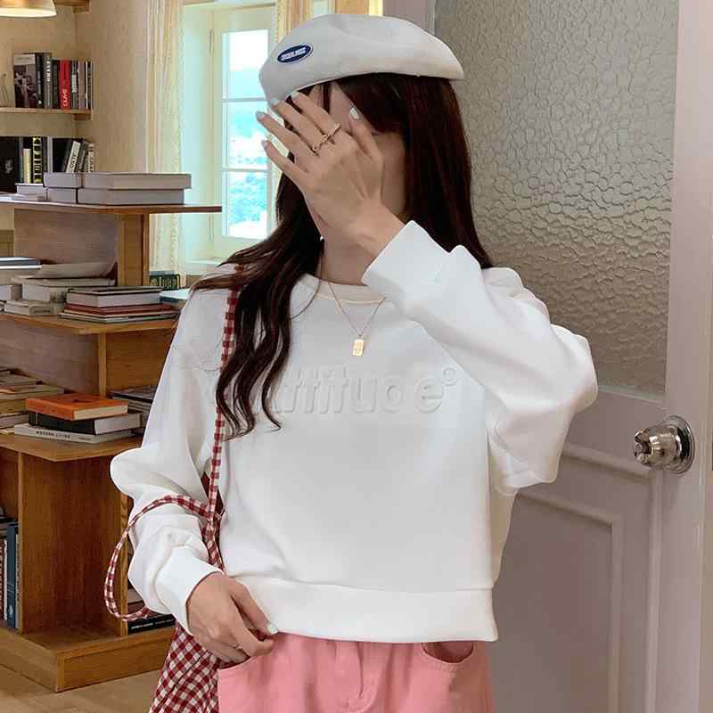トレーナー レディース 韓国風 学生 ショート丈 ゆったり 長袖 プルオーバー トップス 無地 ホワイト ピンク系 ブルー系 グレー
