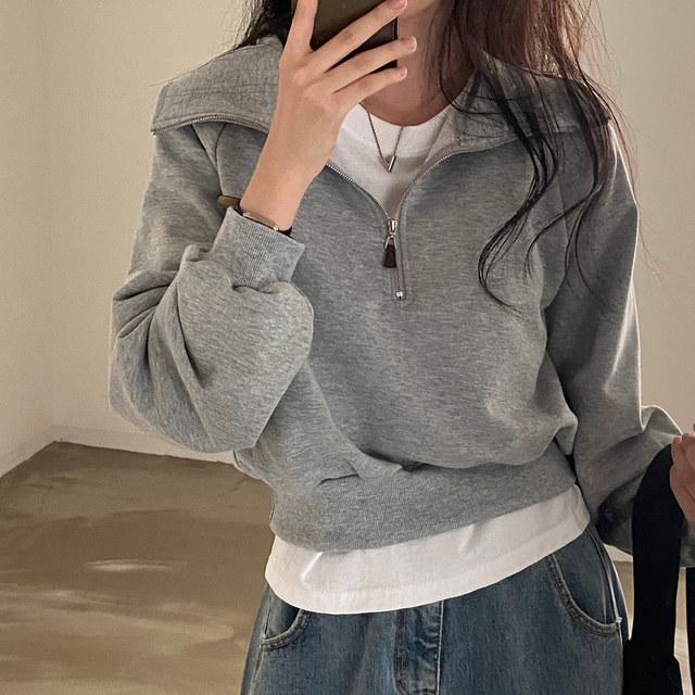 トップス レディース 韓国風 トレーナー 襟付き 長袖 カットソー ゆったり カジュアル かわいい グレー 杏色