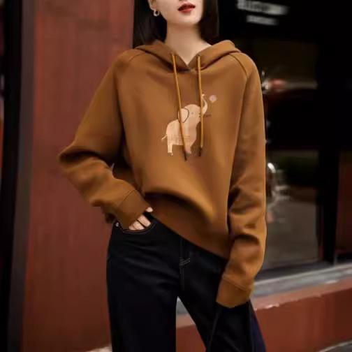 パーカー レディース ゆったり象プリント フード付き 焦糖色/カーキ色 S/M/L/XL 長袖 ポリエステル 普段使い 通勤 部屋着 かわいい カジュアル