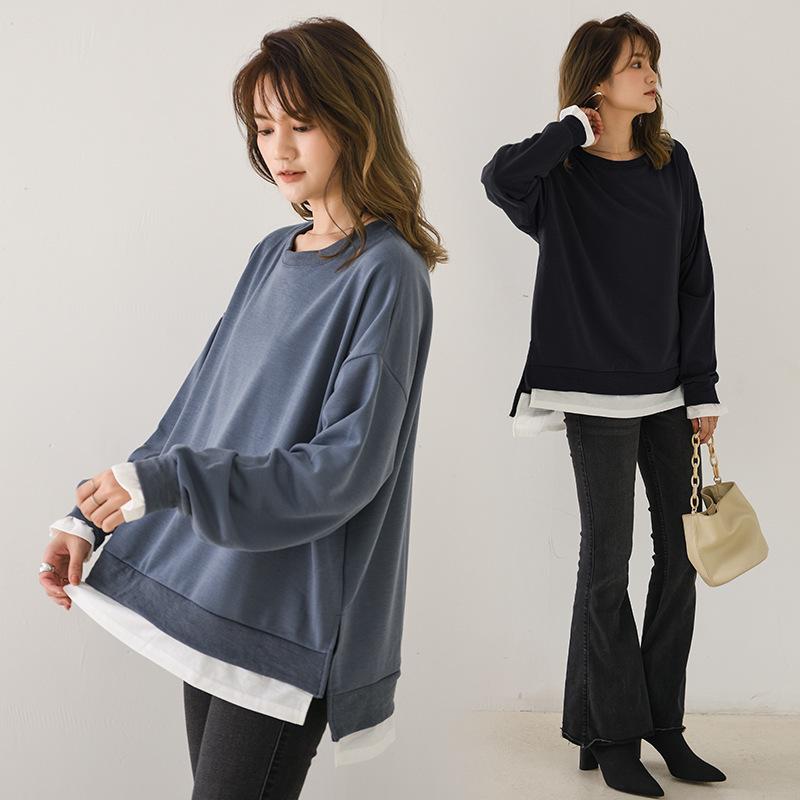 トレーナー レディース ゆったり ニット 切り替え ラウンドネック 長袖 トップス スエット チュニック丈 7分袖 カジュアル かわいい 春秋冬 綿