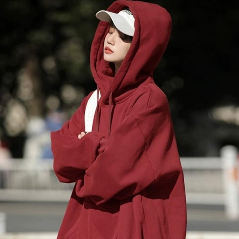 パーカー レディース ワインレッド 春秋 長袖 ドロップショルダー ゆったり 無地 カジュアル ストリート 白 黒 紺 赤 灰色 綿 ポリエステル