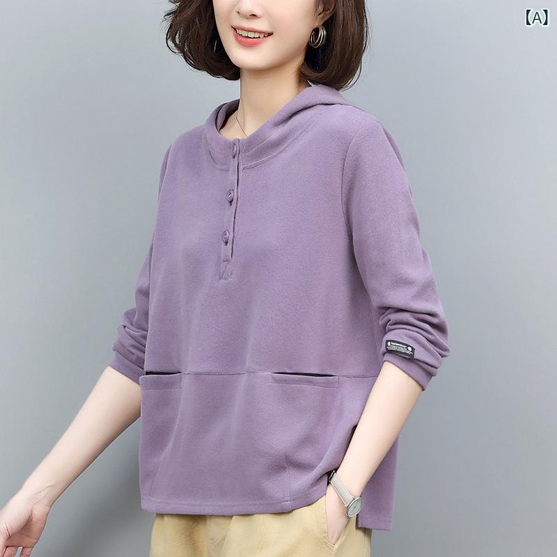 パーカー レディース 春秋 ミセス 小柄 薄手 ゆったり カジュアル フード付き トップス 紫色 ブルー