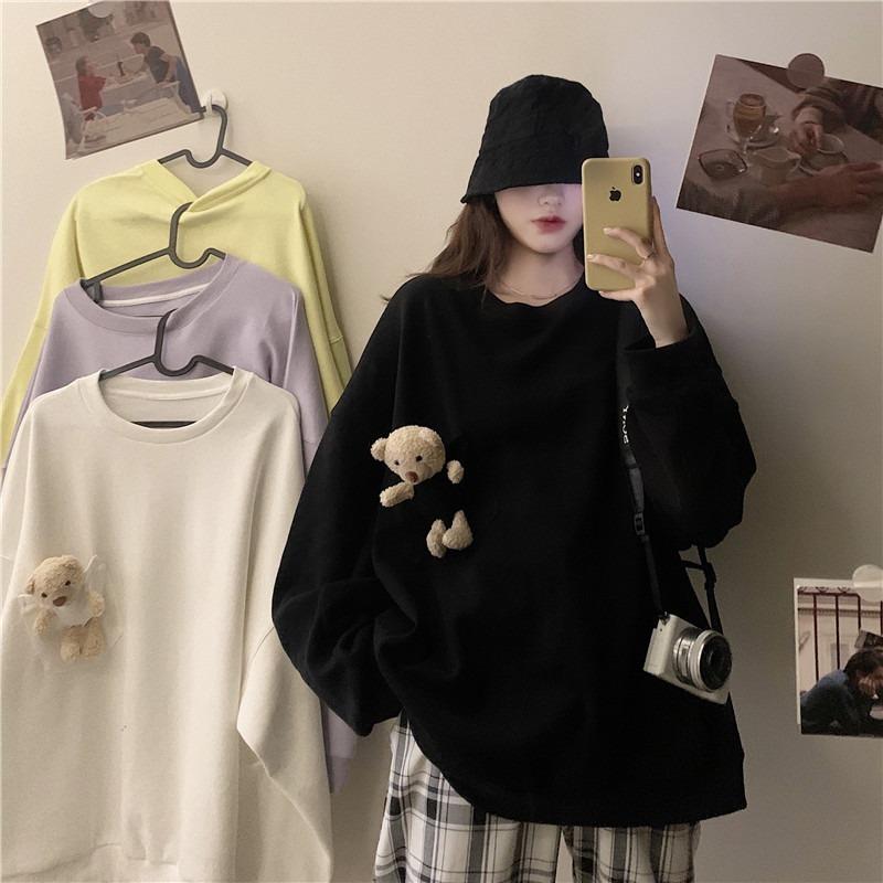 スウェット レディース 春秋 長袖 薄手 トップス ラウンドネック ポリエステル ゆったり かわいい クマ プリント ストリート カジュアル ブラック ホワイト イエロー パープル shadowtail-10652918 シャドーテール パッケージ画像