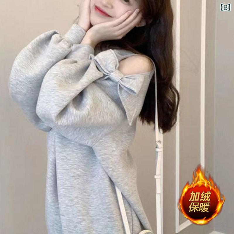 スウェット レディース 長袖 肩出し 春秋 薄手 ゆったり 無地 INS風 かわいい 韓国風 カジュアル