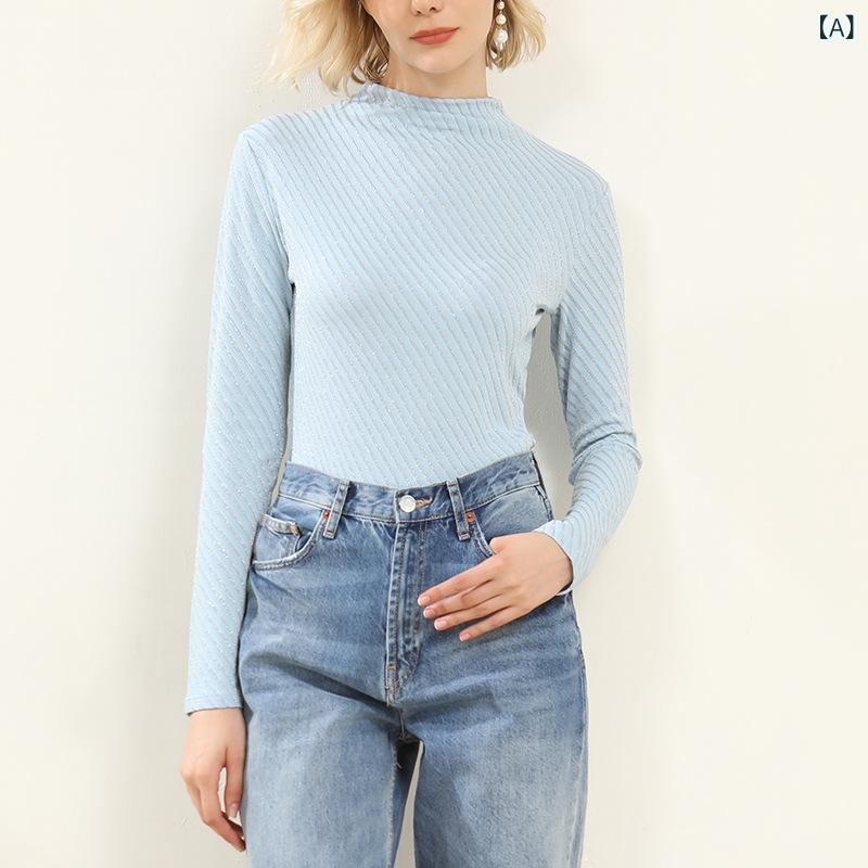 Tシャツ レディース 長袖 秋冬 トップス 纯色 インナー 伸縮性 ストレッチ スリムフィット 無地 きれいめ 通勤 普段使い 聚酯纤维 ポリエステル