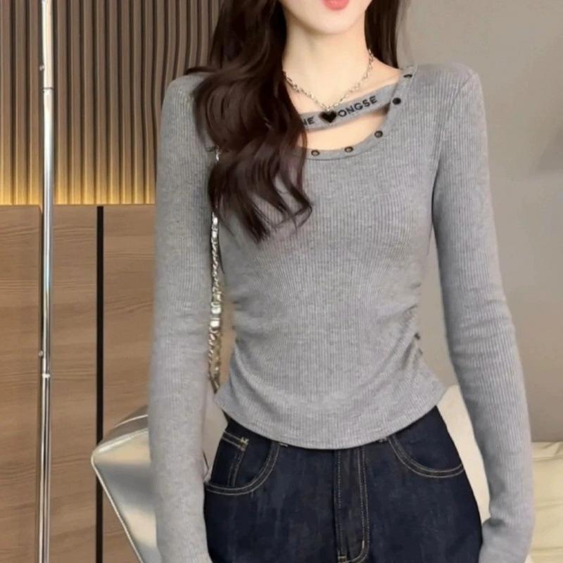 乐天商城 - Tシャツ レディース 秋冬 Vネック 長袖 トップス カットソー 修身 綿 コットン 接触冷感 伸縮性 無地 シンプル かわいい おしゃれ きれいめ 通勤 普段使い グレー ブラック系